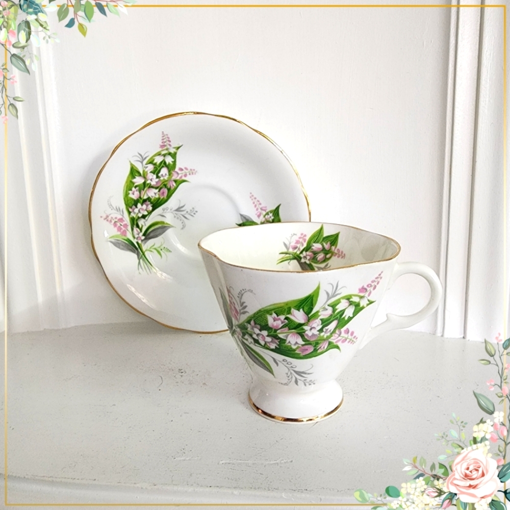 Vintage Clarence bone china Lily of the Valley Cup and Saucer England